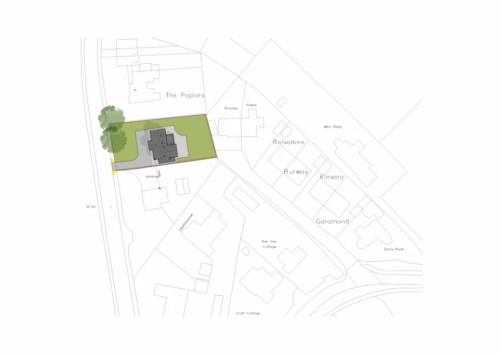 Site plan showing a proposed house on a rectangular green plot with driveway, two trees at the left and neighbouring property outlines labeled.