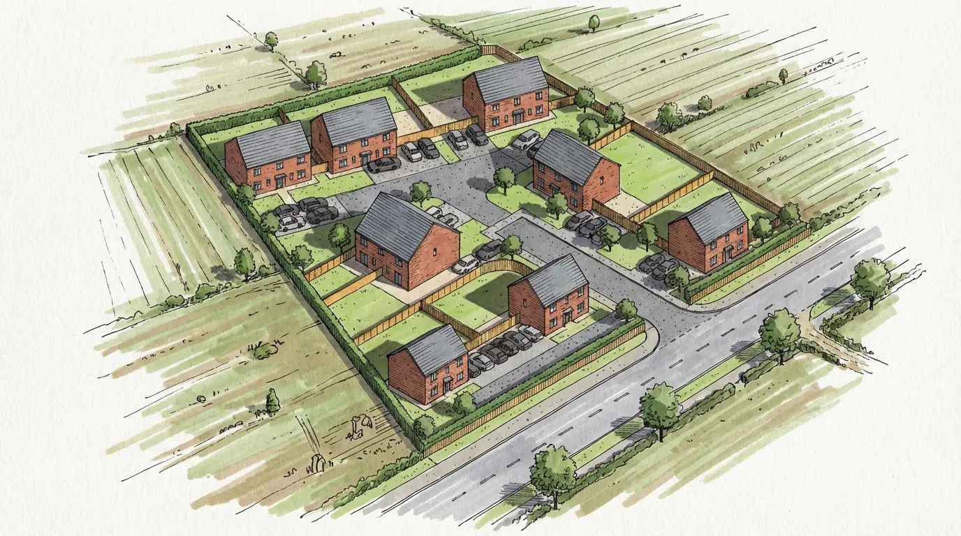 Aerial sketch of a small suburban housing development with nine brick detached houses, fenced gardens, driveways and surrounding fields.
