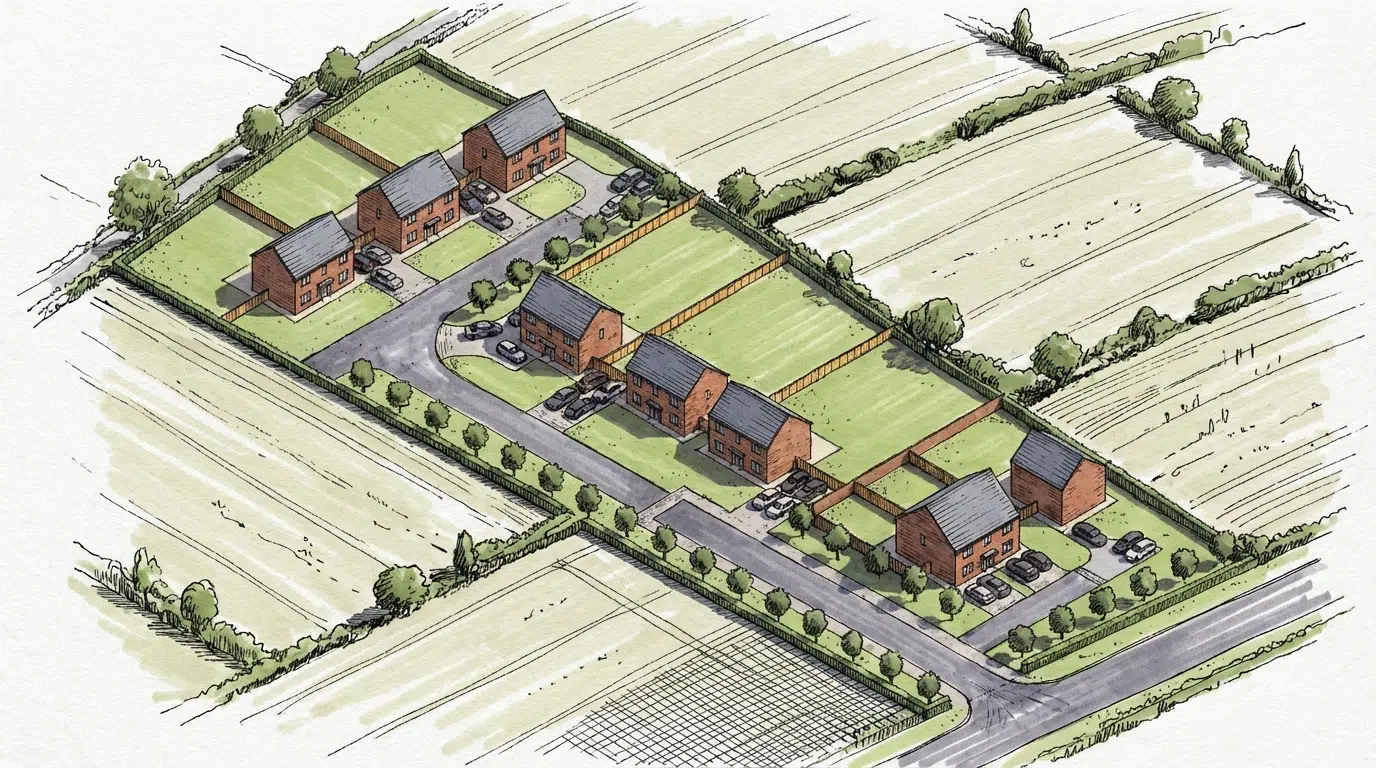 Aerial sketch of a small housing development with eight brick semi-detached houses, driveways, gardens and surrounding fields.