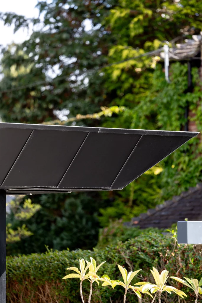Angled black metal awning over garden with small yellow-green shrubs and blurred trees in background