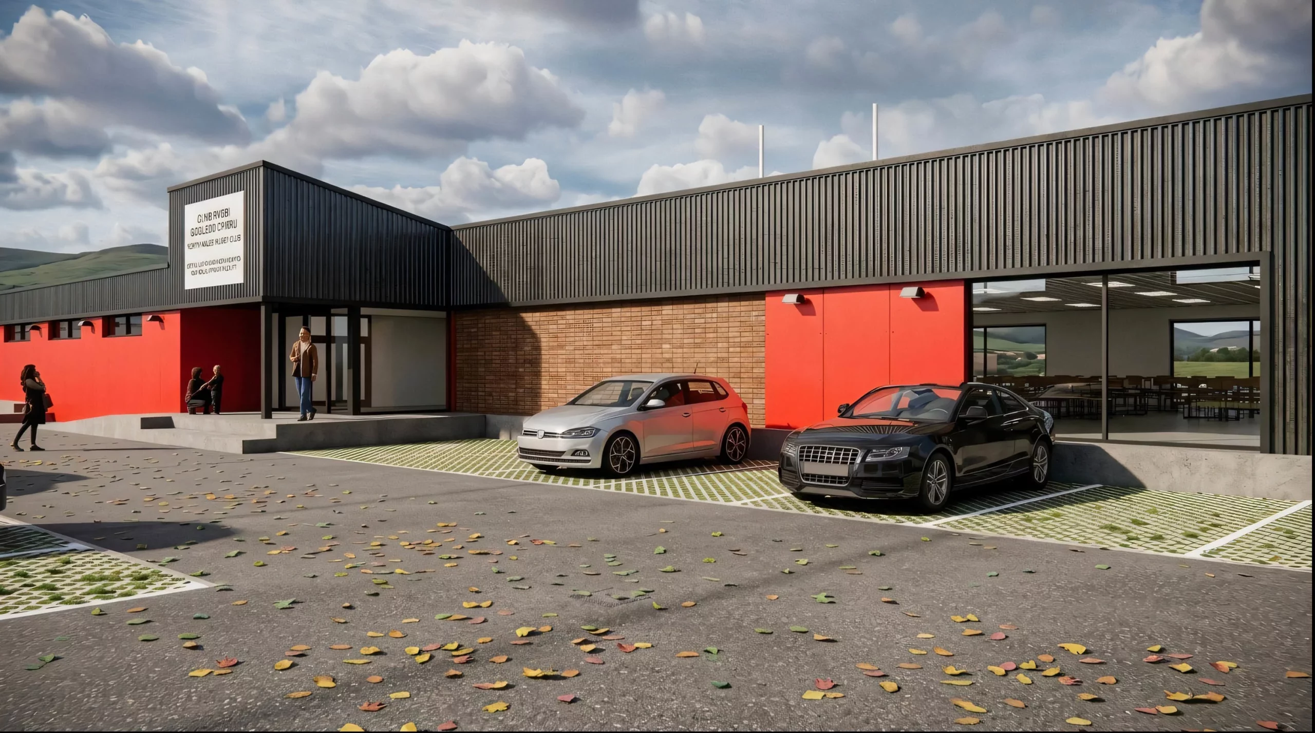 Modern single-storey community building with black cladding, red accents, parked cars and people by the entrance on a leafy day