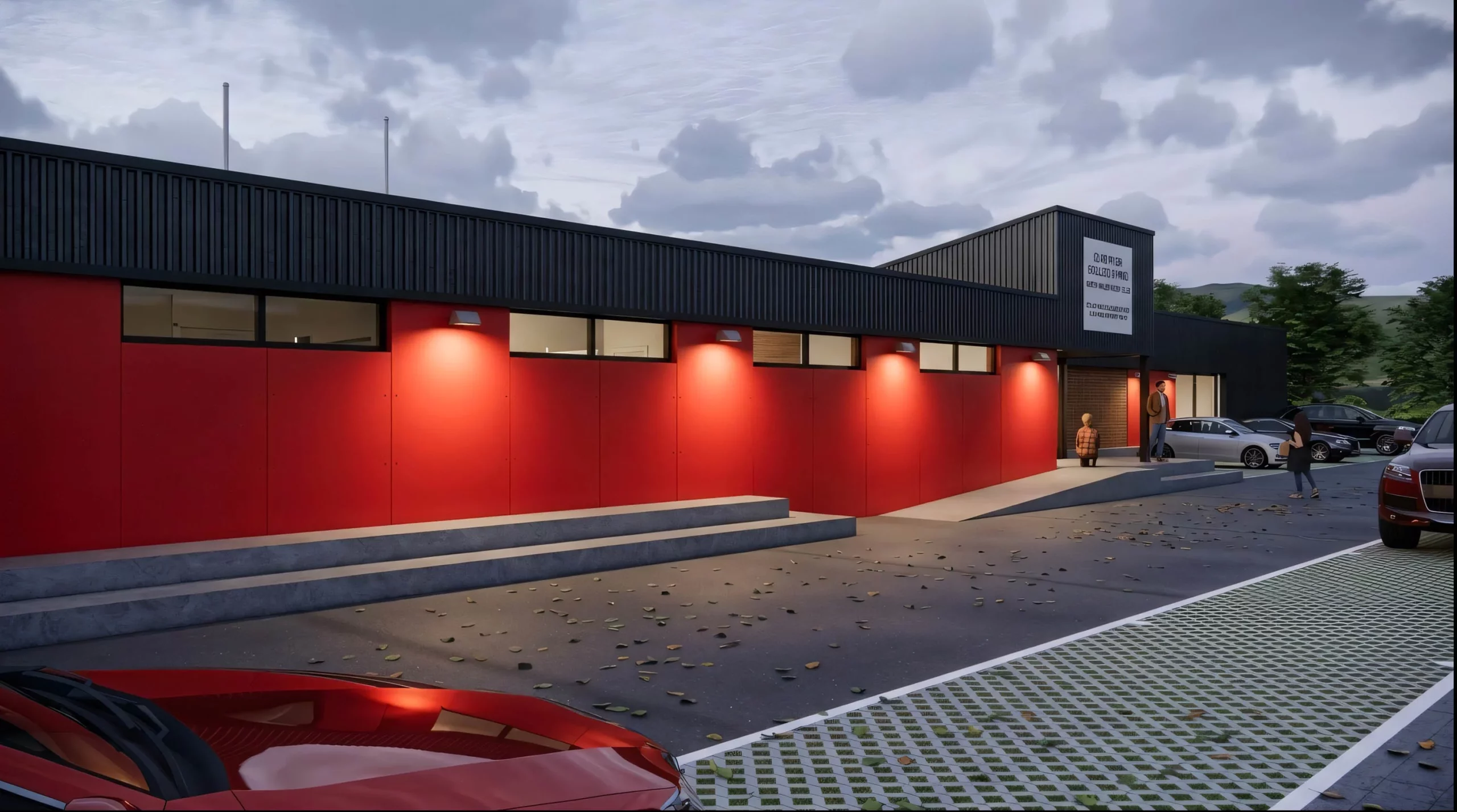 Low modern building with red panels and wall lights, steps leading to entrance, parked cars and people outside at dusk