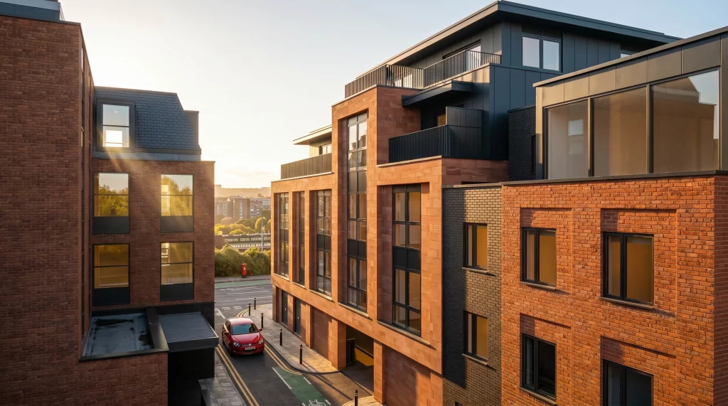 Modern red-brick and dark-paneled apartment buildings lining a narrow sunlit street with a red car parked below and distant trees visible beyond.