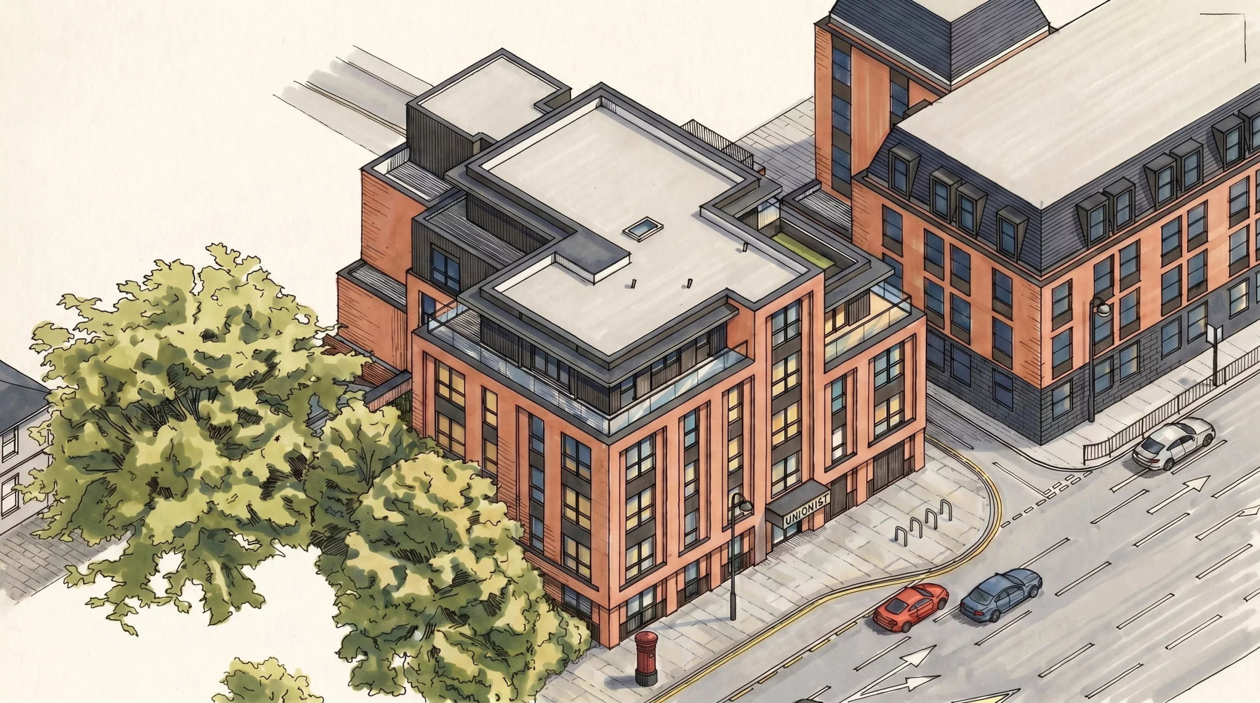 Aerial illustration of a modern brick corner building with flat roof, balconies, tree canopy at left and cars on the street below.