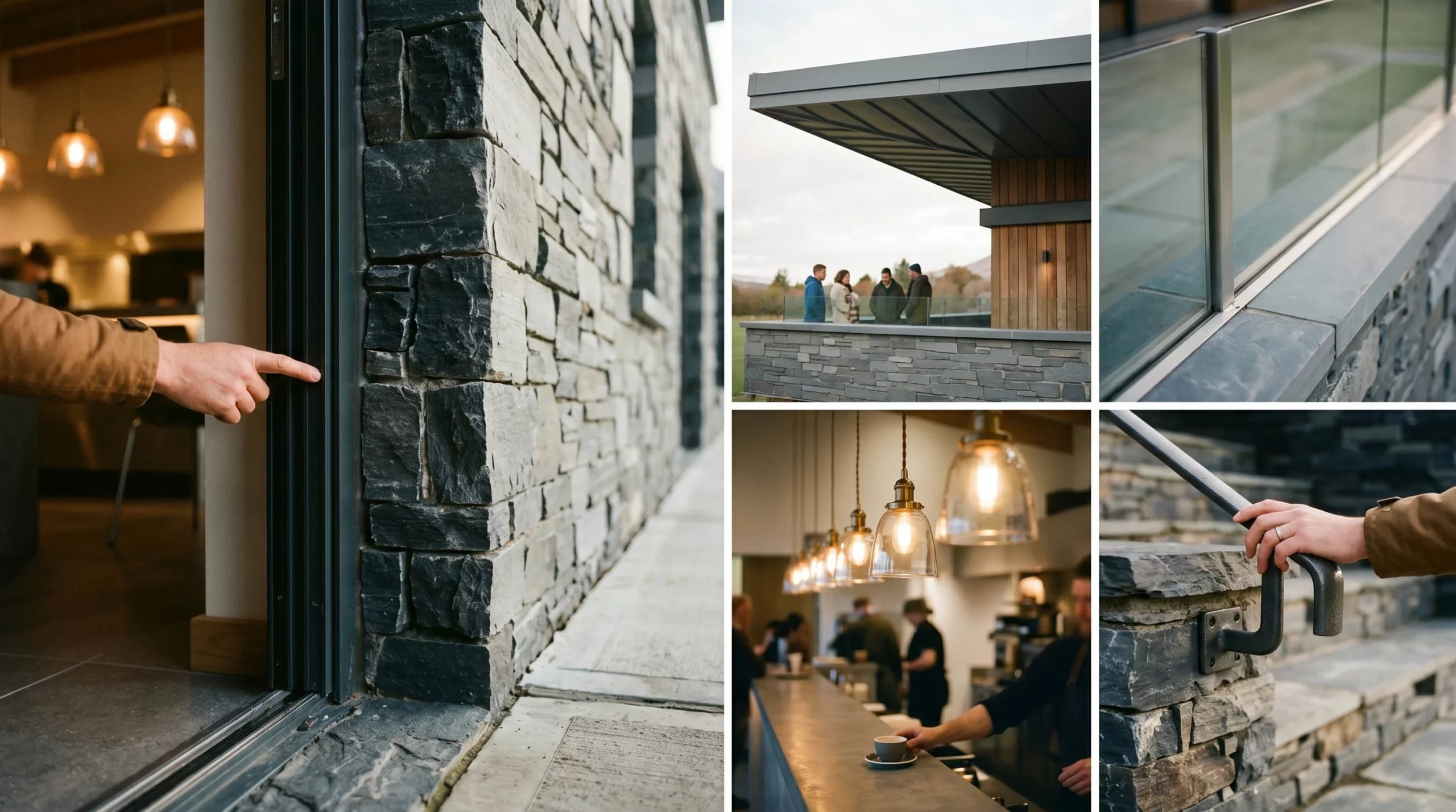 Collage showing stone-clad building, glass balcony, pendant lights over a café counter and hands on a door and railing.