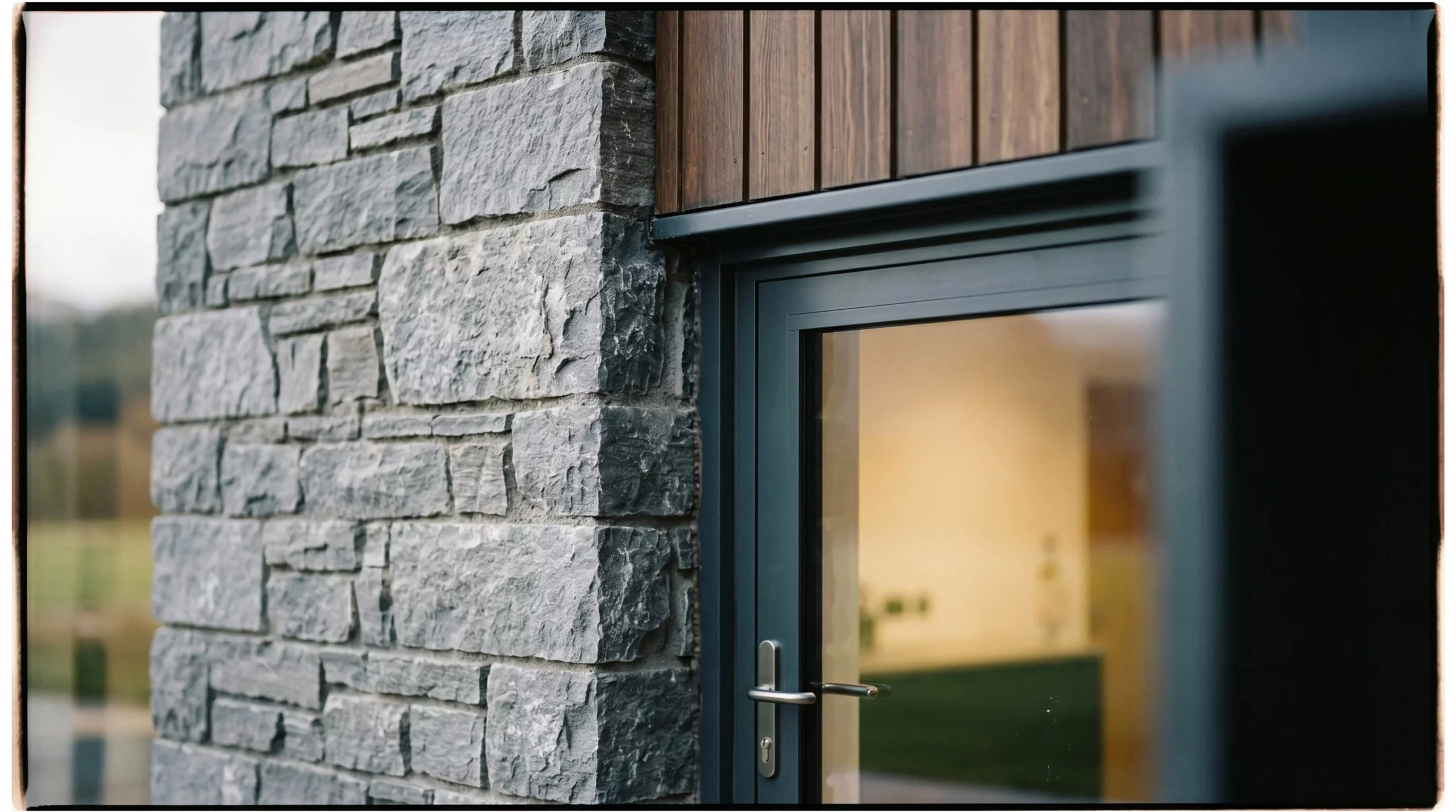 Corner of a stone-clad modern building with a dark metal-framed glass door and wood cladding above.