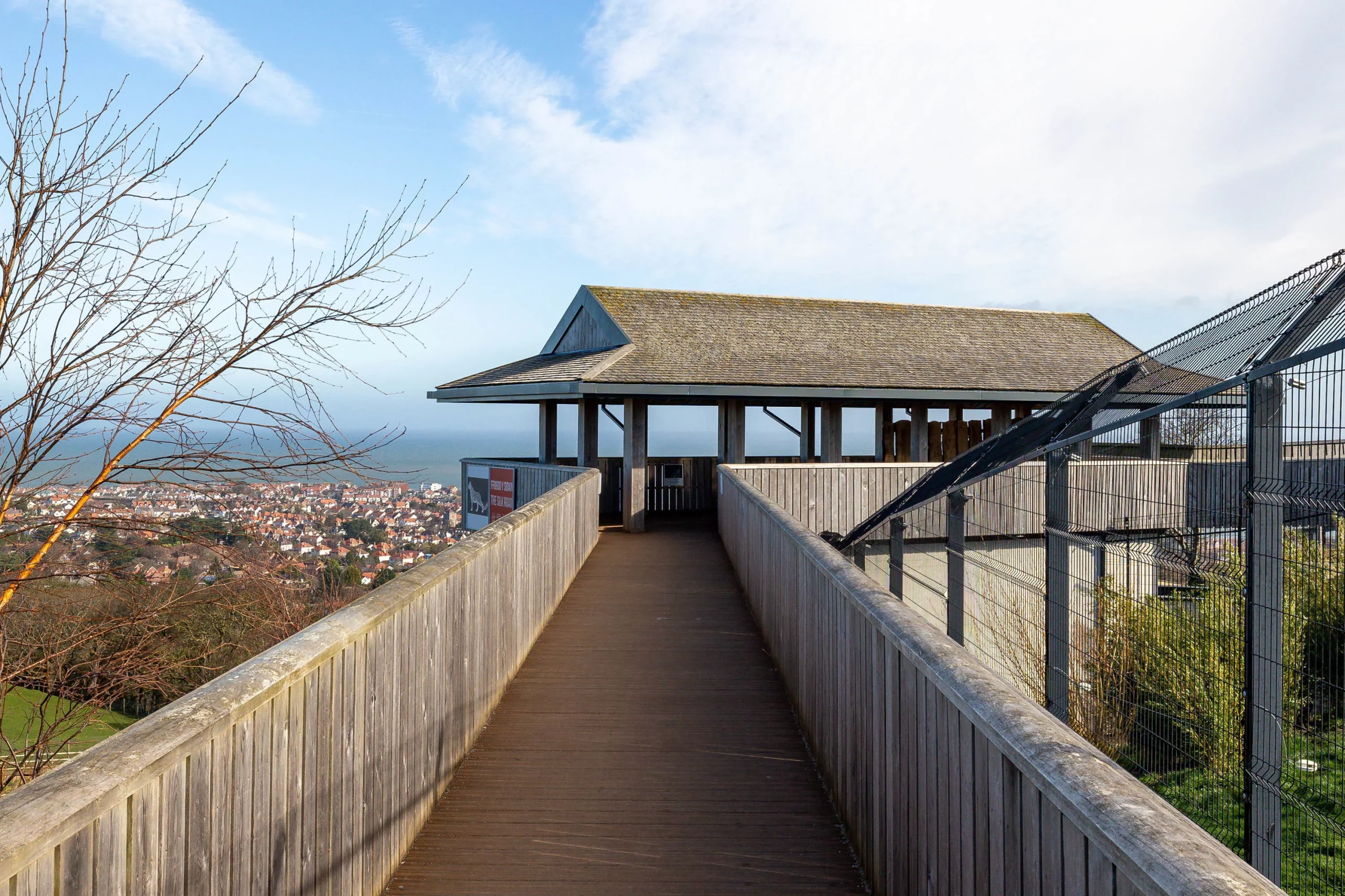 Wooden walkway leading to a covered lookout with a shingled roof overlooking a coastal town and sea, bare tree branches to left.
