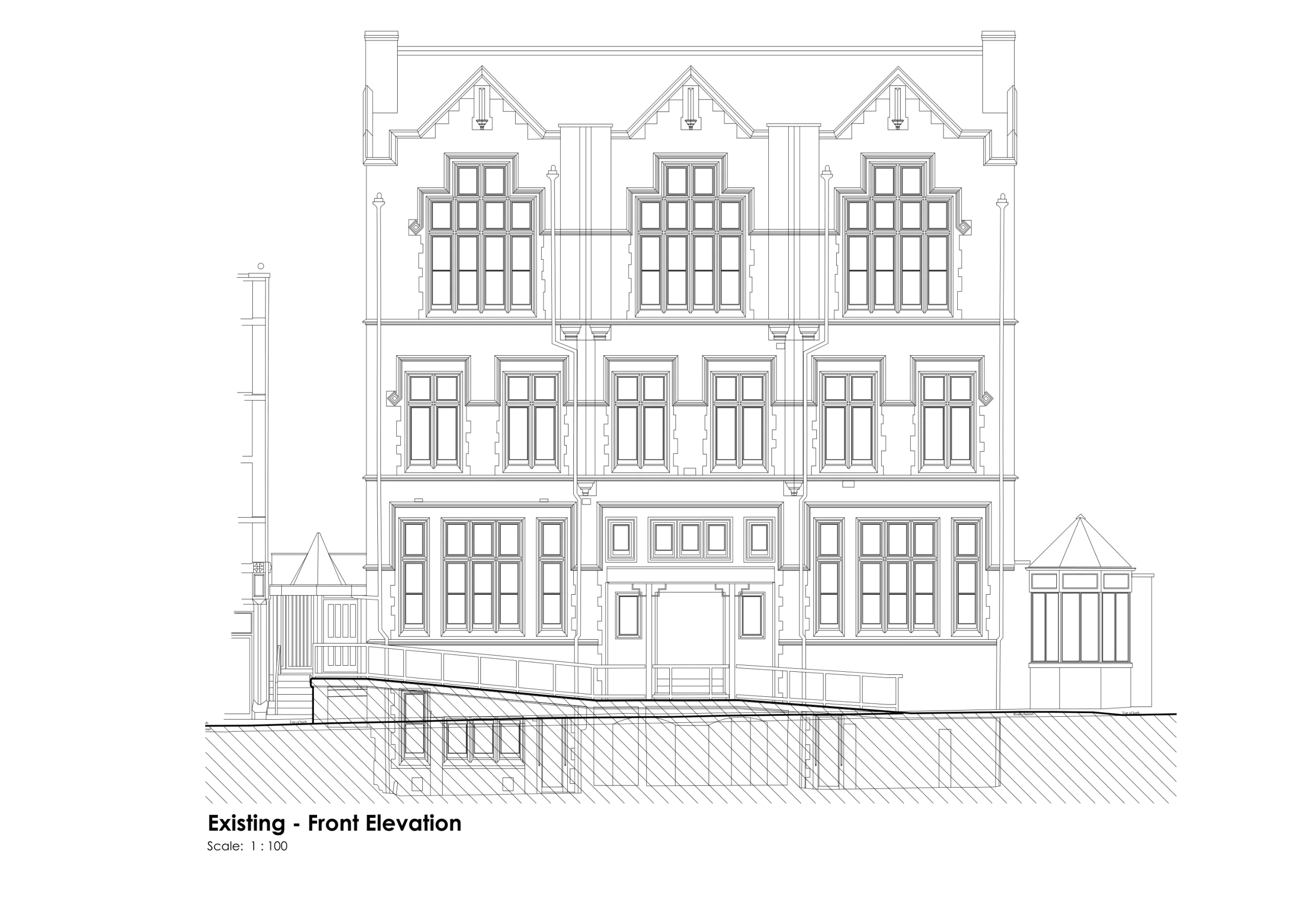 Architectural line drawing of a three-storey building front elevation with symmetrical bays, tall mullioned windows, decorative gables and a ground-level entrance ramp.