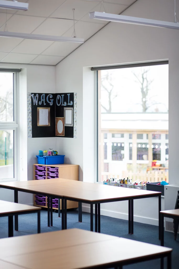 Empty classroom corner with tables, purple storage trays, art supplies on the windowsill and a "WAGOLL" display board.