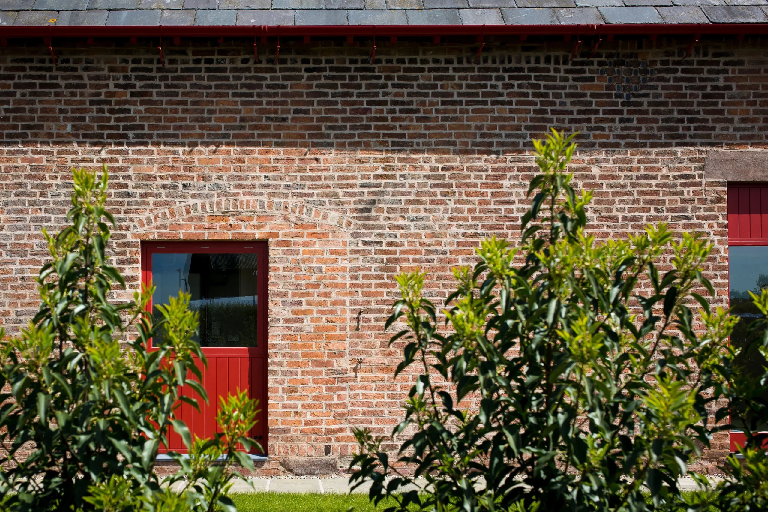 Red brick building facade with a red door and window partially obscured by leafy green shrubs.