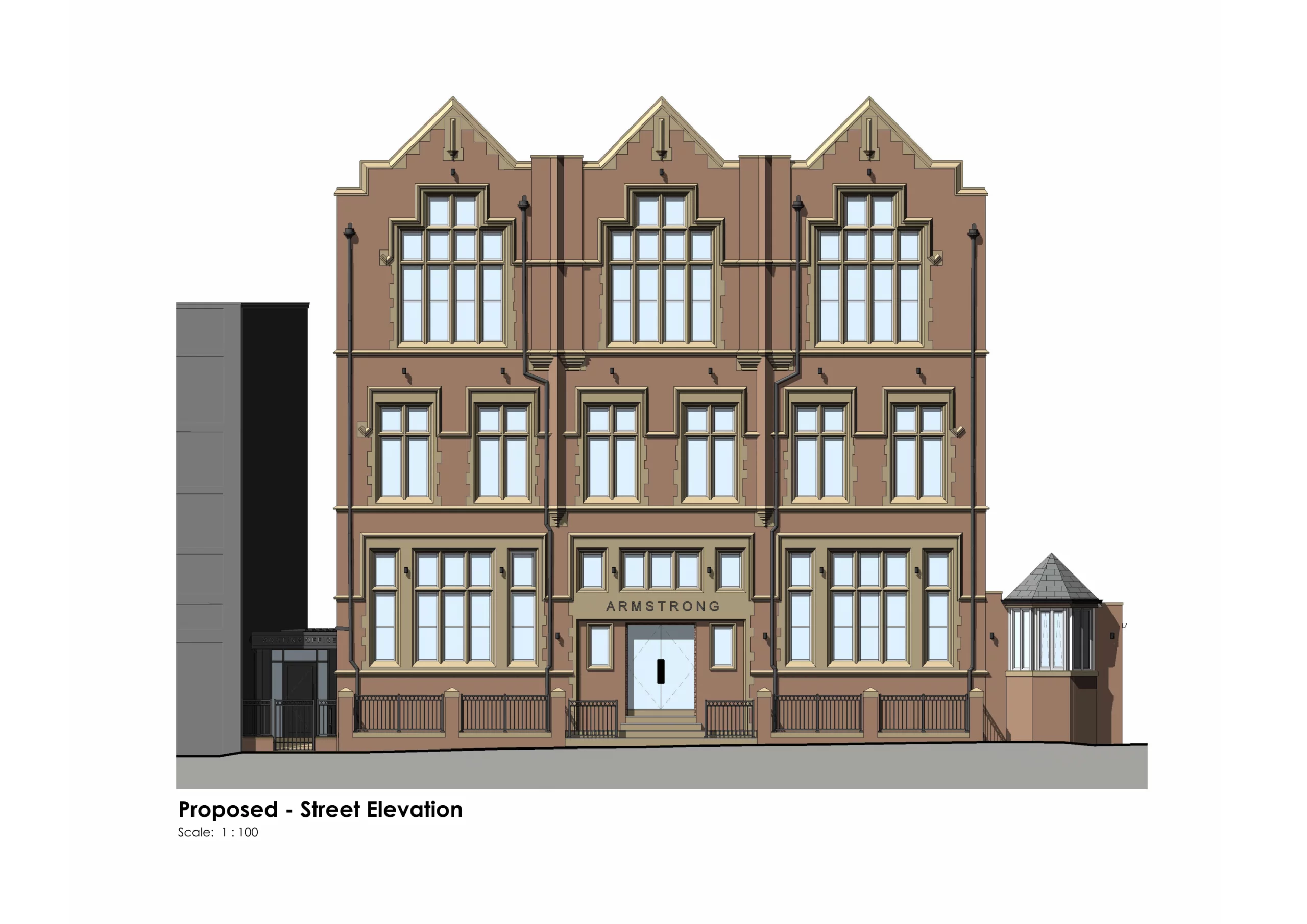 Three-storey red-brick institutional building with symmetrical tall mullioned windows, central entrance labelled "ARMSTRONG" and stepped gabled roofline.