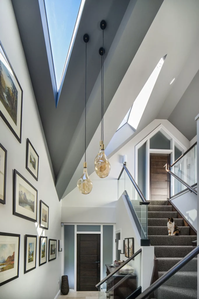 Modern stairwell with skylights, hanging glass pendant lights, framed artwork on the wall and a cat sitting on the carpeted steps