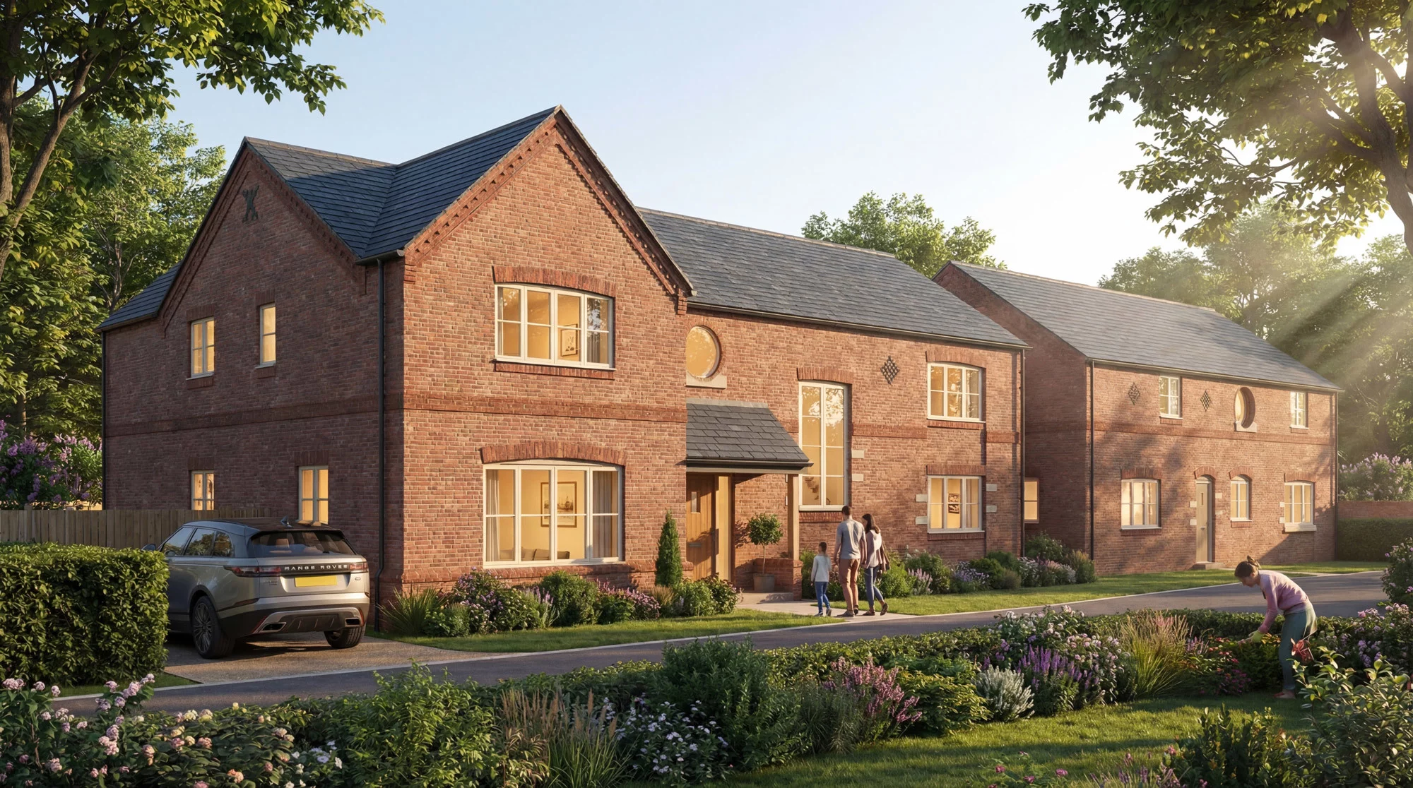 Two-storey red-brick family houses with slate roofs, front gardens and a parked SUV; people walking to a front door and a person gardening.