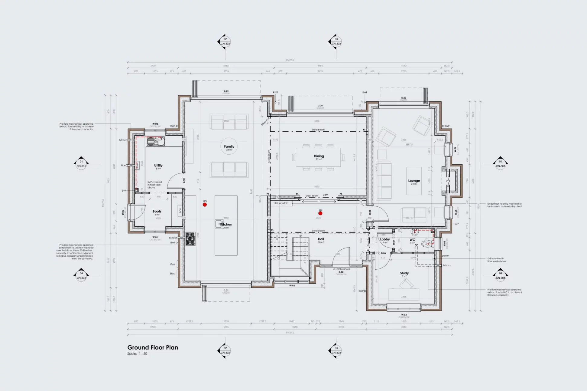 Architectural ground floor plan drawing showing labeled rooms (kitchen, family, dining, lounge, study, hall, WC), dimensions, doors and structural notes.