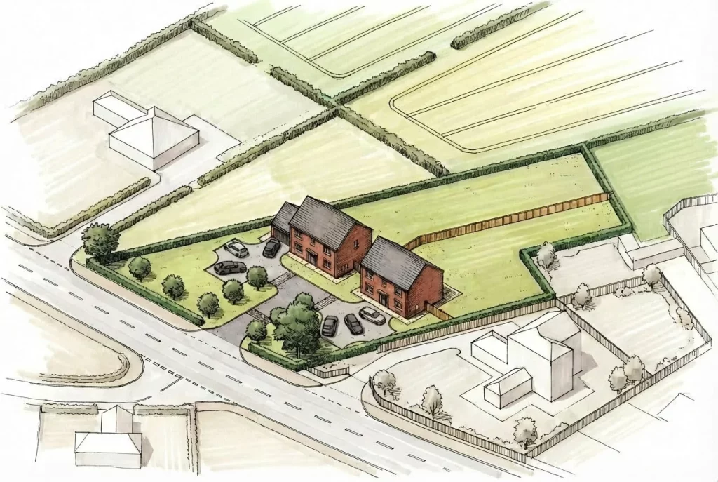 Aerial sketch of two detached brick houses with driveways, parked cars and surrounding green fields and hedged boundaries.