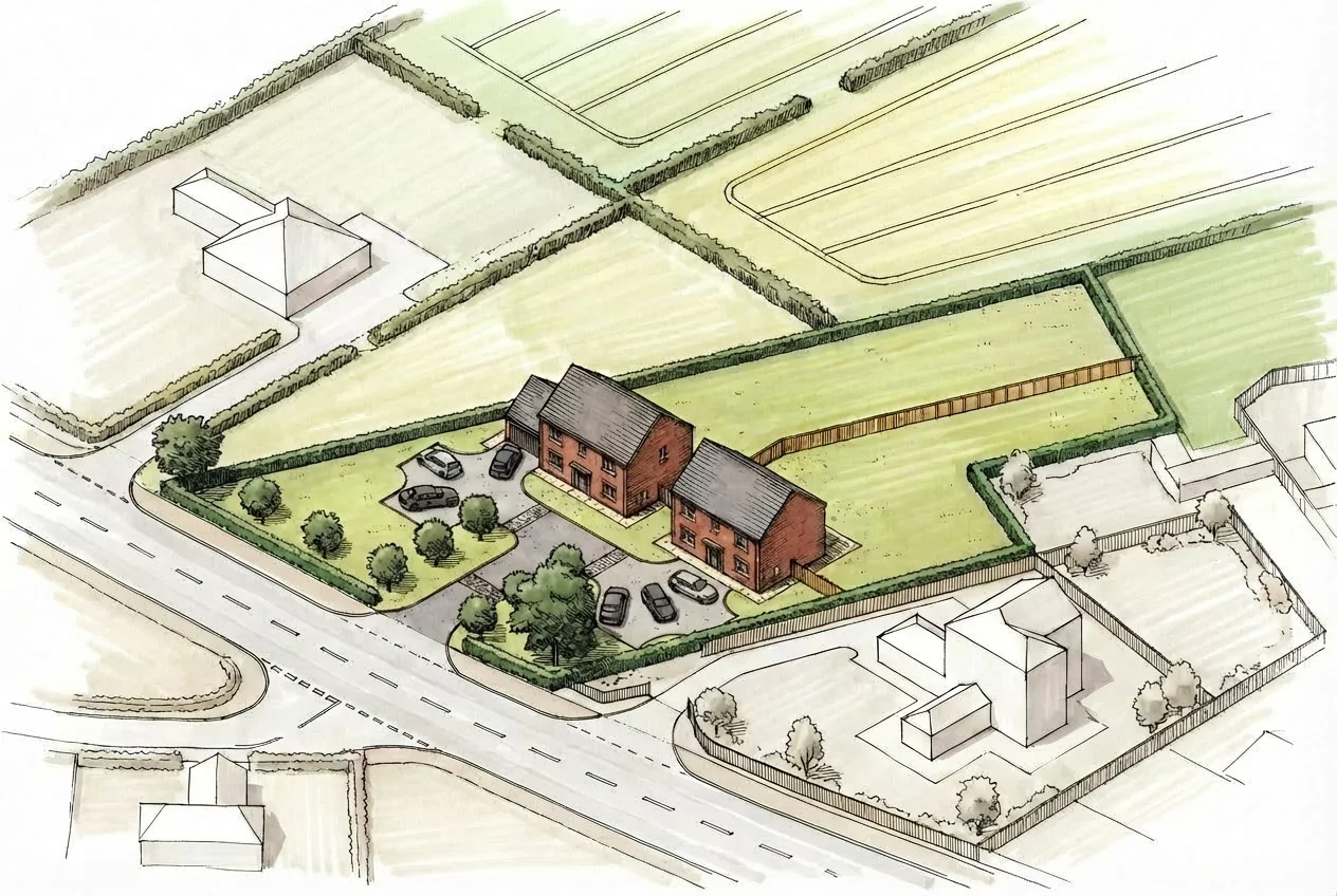 Aerial sketch of two detached brick houses with driveways, parked cars and surrounding green fields and hedged boundaries.