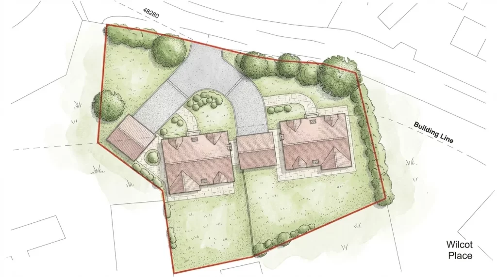 Site plan drawing showing two detached houses with driveways, central connecting garage, parking courtyard, lawns, trees and a red boundary line labeled Wilcot Place.